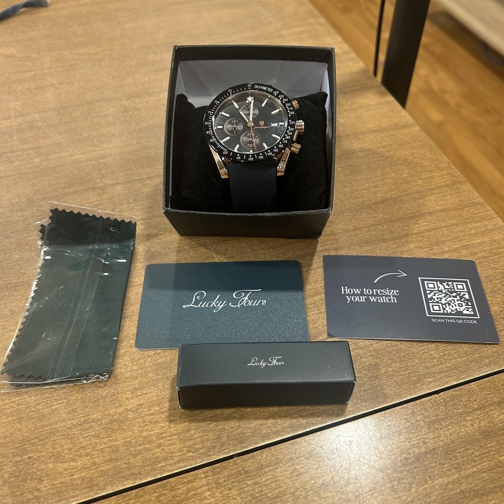 Poedagar Watch Mens Black Chronograph Tachymeter Date Gold Tone Box Papers